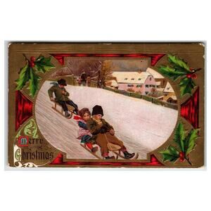 Vintage 1908 Merry Christmas Children Downhill Sledding Holiday Postcard